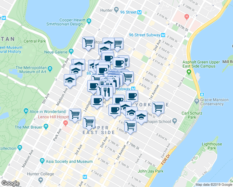 map of restaurants, bars, coffee shops, grocery stores, and more near 1517 3rd Avenue in New York