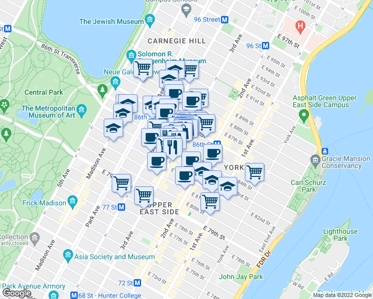 map of restaurants, bars, coffee shops, grocery stores, and more near 1517 3rd Avenue in New York