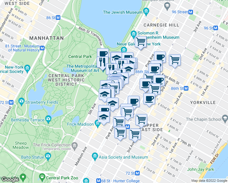 map of restaurants, bars, coffee shops, grocery stores, and more near 6 East 80th Street in New York