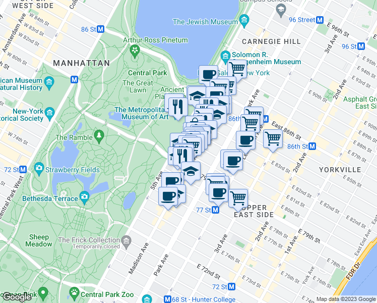 map of restaurants, bars, coffee shops, grocery stores, and more near 6 East 80th Street in New York