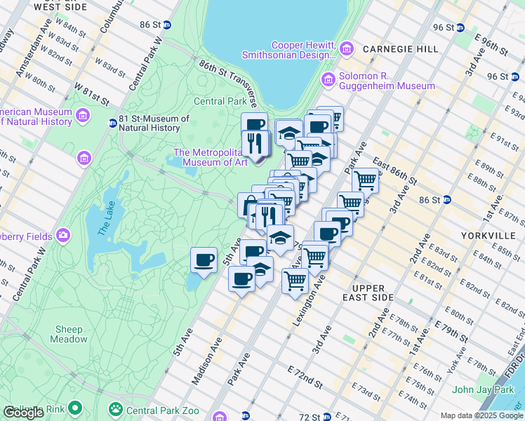 map of restaurants, bars, coffee shops, grocery stores, and more near 987 5th Avenue in New York