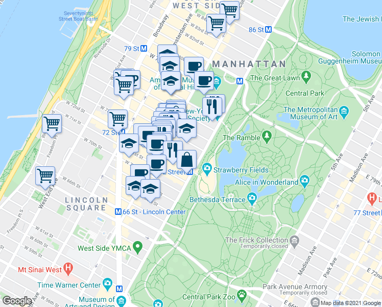 map of restaurants, bars, coffee shops, grocery stores, and more near 4 West 74th Street in New York