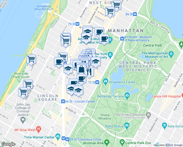 map of restaurants, bars, coffee shops, grocery stores, and more near 24 West 73rd Street in New York