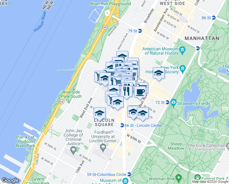 map of restaurants, bars, coffee shops, grocery stores, and more near in New York