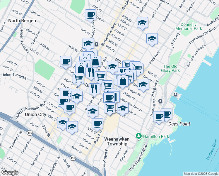 map of restaurants, bars, coffee shops, grocery stores, and more near 4408 Hudson Avenue in Union City