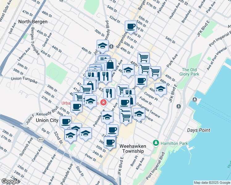 map of restaurants, bars, coffee shops, grocery stores, and more near 4313 Palisade Avenue in Union City