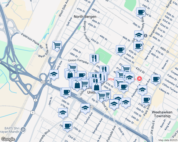 map of restaurants, bars, coffee shops, grocery stores, and more near 3709 Bergen Turnpike in North Bergen