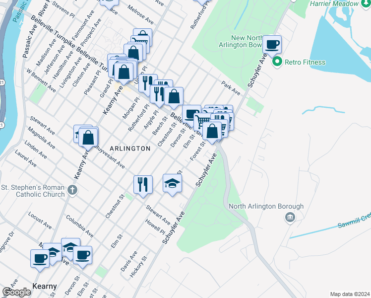 map of restaurants, bars, coffee shops, grocery stores, and more near 742 Elm Street in Kearny