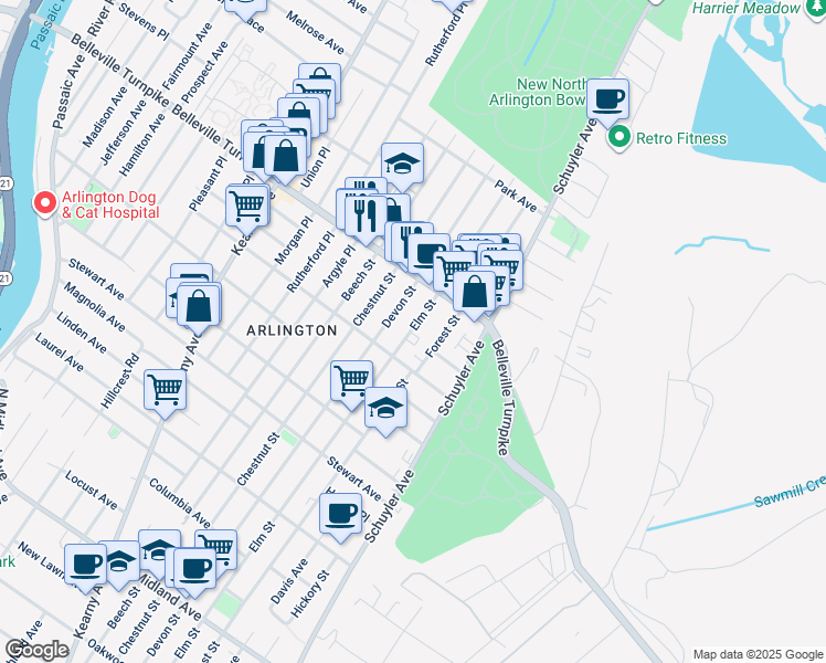map of restaurants, bars, coffee shops, grocery stores, and more near 742 Elm Street in Kearny
