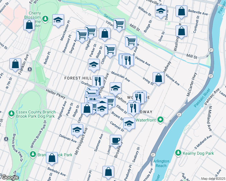 map of restaurants, bars, coffee shops, grocery stores, and more near 327 Woodside Avenue in Newark