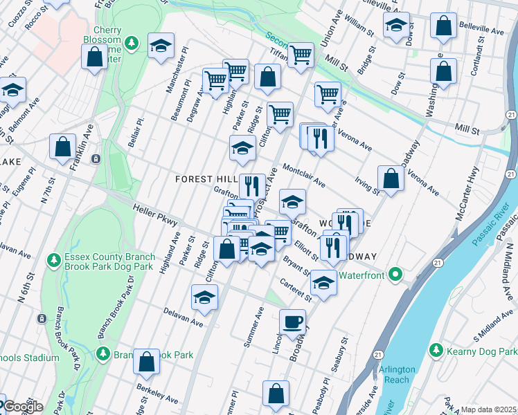map of restaurants, bars, coffee shops, grocery stores, and more near 739 Mount Prospect Avenue in Newark