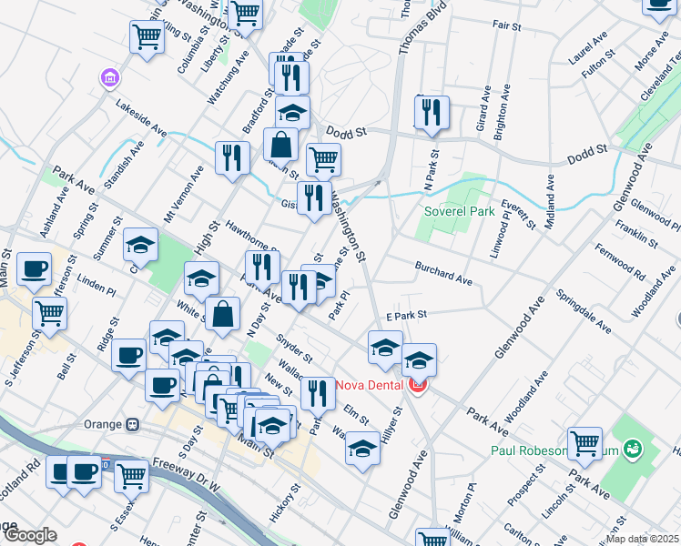 map of restaurants, bars, coffee shops, grocery stores, and more near 237 Park Place in City of Orange