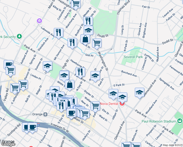 map of restaurants, bars, coffee shops, grocery stores, and more near 230 North Center Street in City of Orange