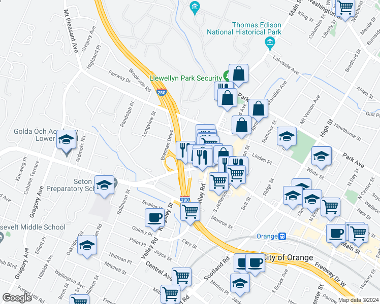 map of restaurants, bars, coffee shops, grocery stores, and more near 26A Lindsley Avenue in West Orange
