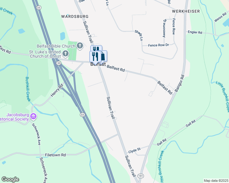 map of restaurants, bars, coffee shops, grocery stores, and more near 5830 Sullivan Trail in Nazareth