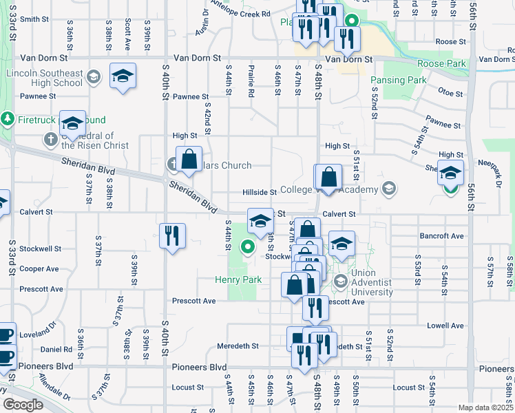 map of restaurants, bars, coffee shops, grocery stores, and more near 3515 South 46th Street in Lincoln