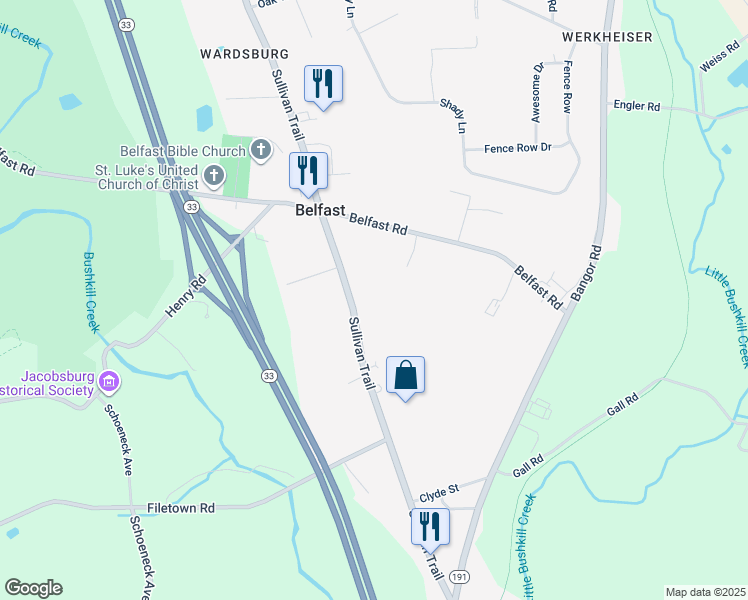 map of restaurants, bars, coffee shops, grocery stores, and more near 5830 Sullivan Trail in Nazareth