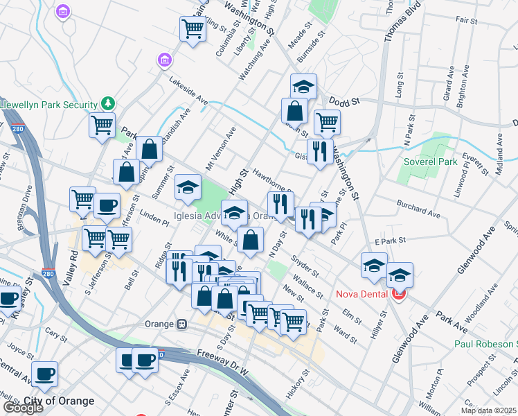 map of restaurants, bars, coffee shops, grocery stores, and more near Park Avenue & Cleveland Street in City of Orange