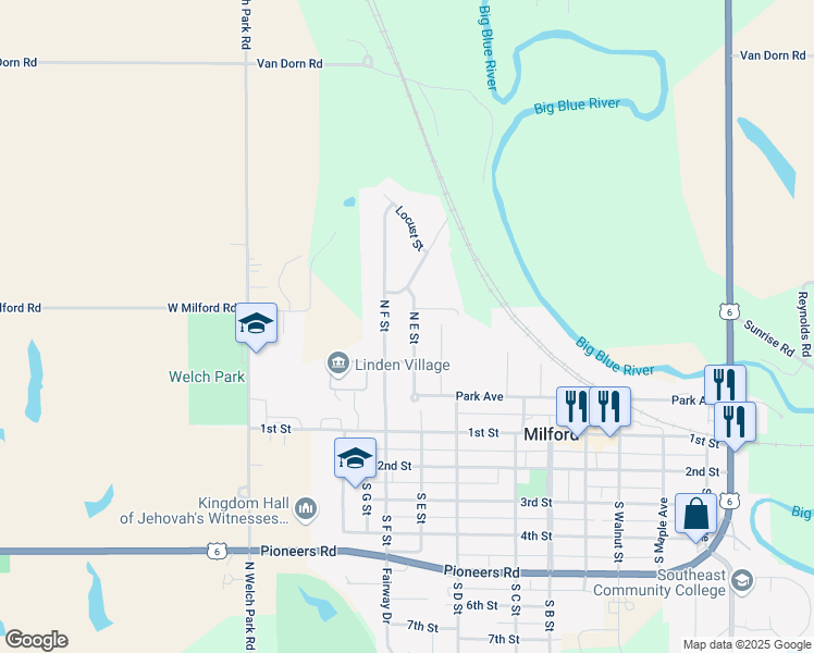 map of restaurants, bars, coffee shops, grocery stores, and more near 317 North E Street in Milford