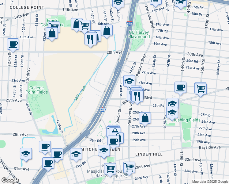 map of restaurants, bars, coffee shops, grocery stores, and more near 23-41 Whitestone Expressway in Queens