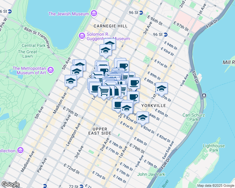 map of restaurants, bars, coffee shops, grocery stores, and more near 1517 3rd Avenue in New York