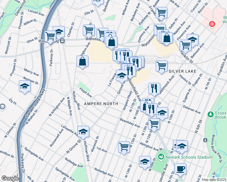 map of restaurants, bars, coffee shops, grocery stores, and more near 16 Elmwood Avenue in Bloomfield