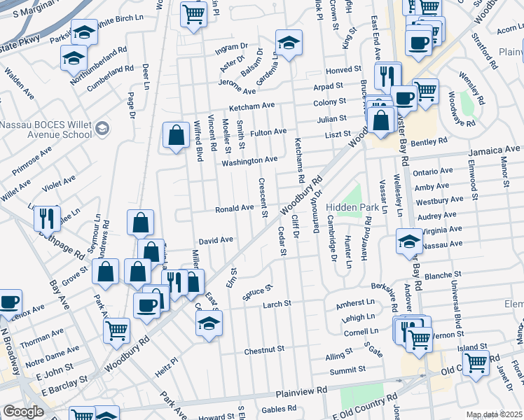 map of restaurants, bars, coffee shops, grocery stores, and more near 19 Smith Street in Hicksville