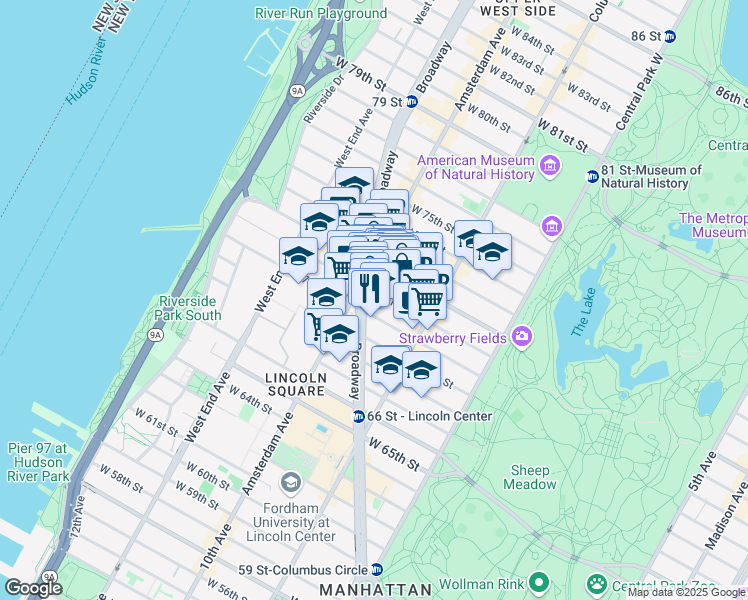 map of restaurants, bars, coffee shops, grocery stores, and more near 2054 Broadway in New York
