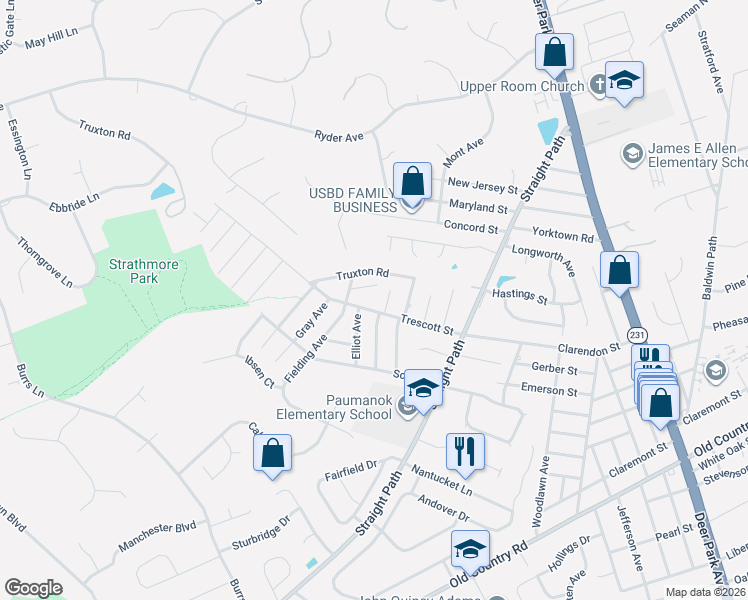 map of restaurants, bars, coffee shops, grocery stores, and more near 37 Trescott Street in Dix Hills