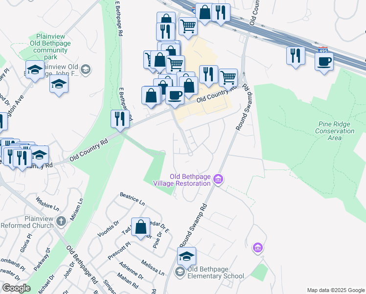 map of restaurants, bars, coffee shops, grocery stores, and more near 9104 Beech Tree Lane in Plainview