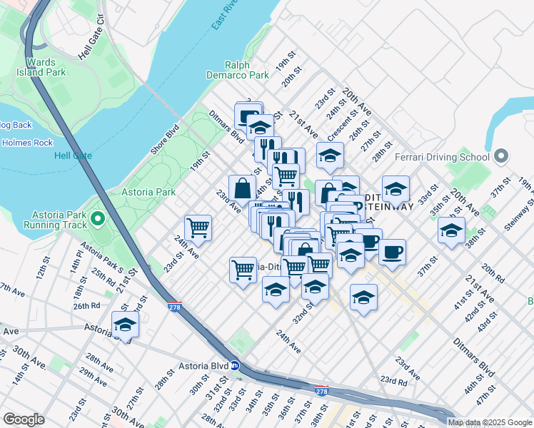 map of restaurants, bars, coffee shops, grocery stores, and more near 22-53 Crescent Street in Queens
