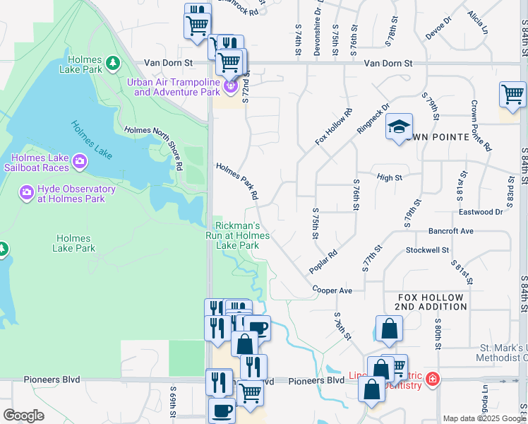 map of restaurants, bars, coffee shops, grocery stores, and more near 3506 Holmes Park Road in Lincoln