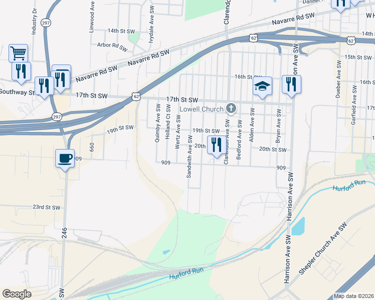 map of restaurants, bars, coffee shops, grocery stores, and more near 2007 Sandwith Ave SW in Canton
