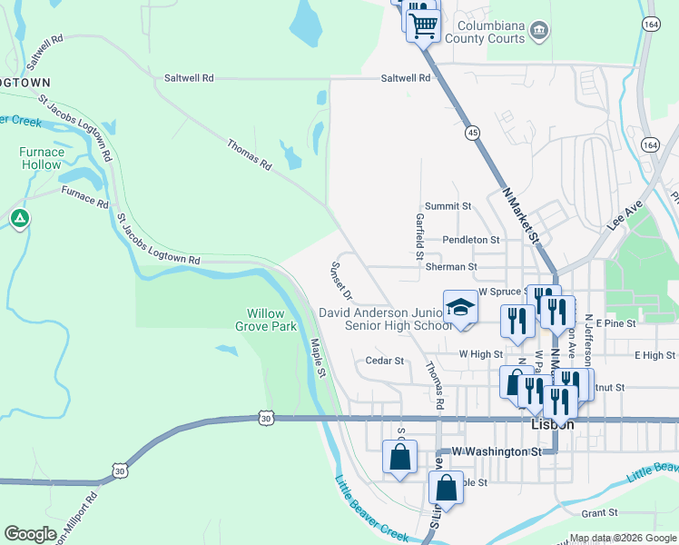 map of restaurants, bars, coffee shops, grocery stores, and more near 718 Sunset Drive in Lisbon