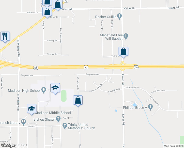 map of restaurants, bars, coffee shops, grocery stores, and more near 1699 Evergreen Avenue West in Mansfield