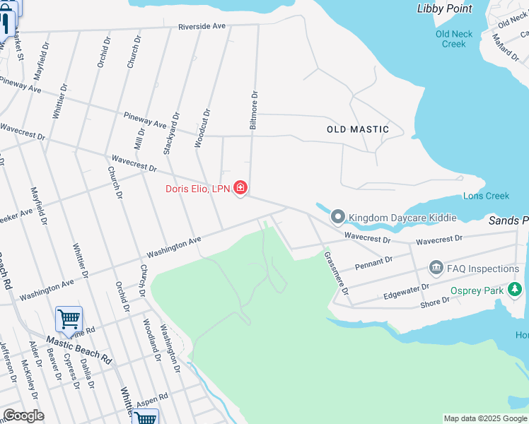 map of restaurants, bars, coffee shops, grocery stores, and more near 190 Wavecrest Drive in Mastic Beach