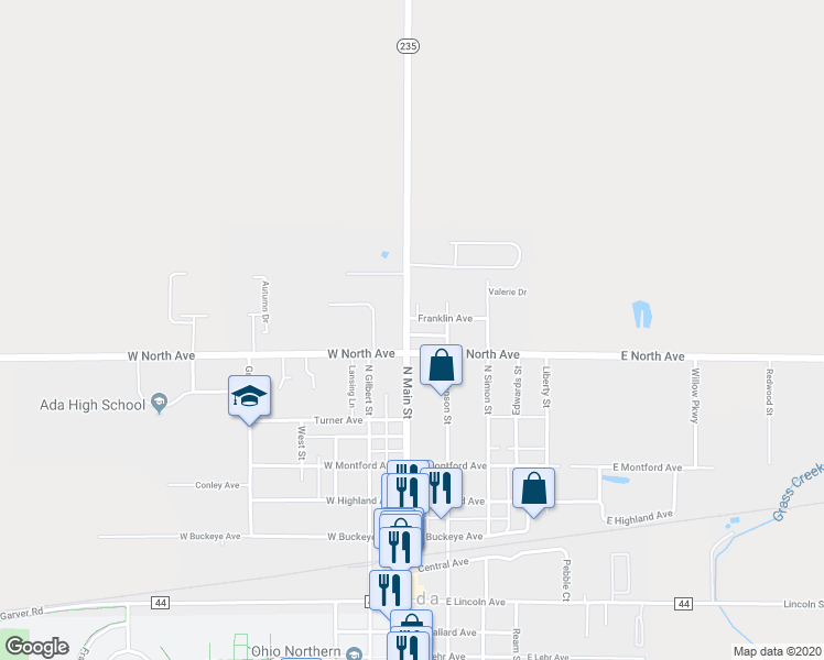 map of restaurants, bars, coffee shops, grocery stores, and more near 618 N Main St in Ada