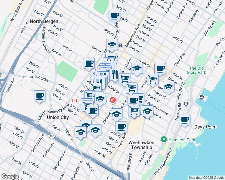 map of restaurants, bars, coffee shops, grocery stores, and more near 4212 New York Avenue in Union City