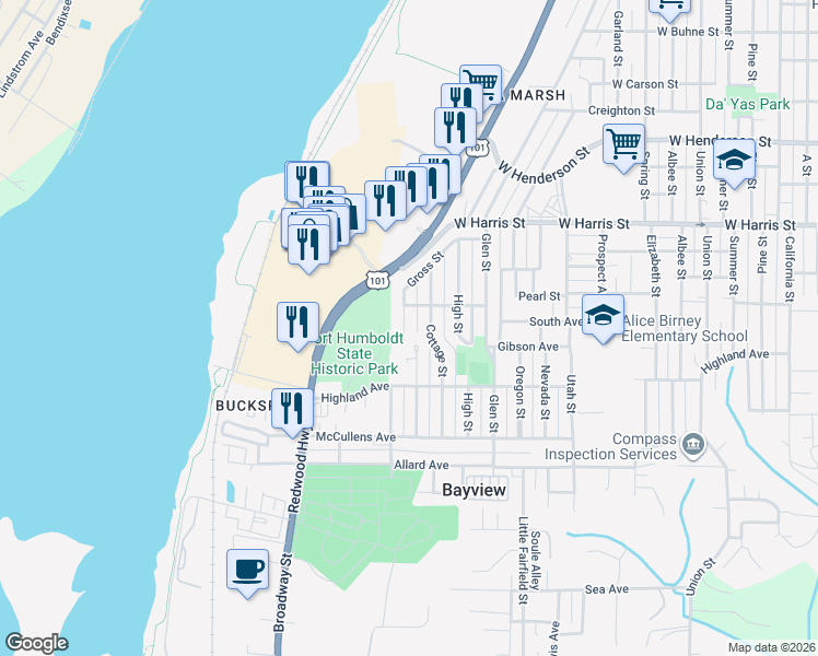 map of restaurants, bars, coffee shops, grocery stores, and more near 3333 Gross Street in Eureka
