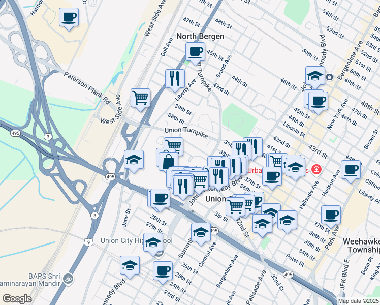 map of restaurants, bars, coffee shops, grocery stores, and more near 3626 Lincoln Terrace in North Bergen