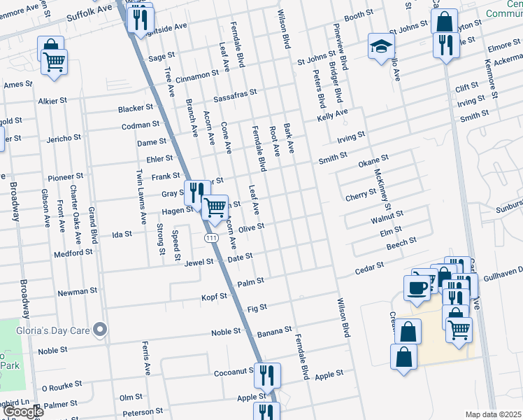 map of restaurants, bars, coffee shops, grocery stores, and more near 85 Leaf Avenue in Central Islip