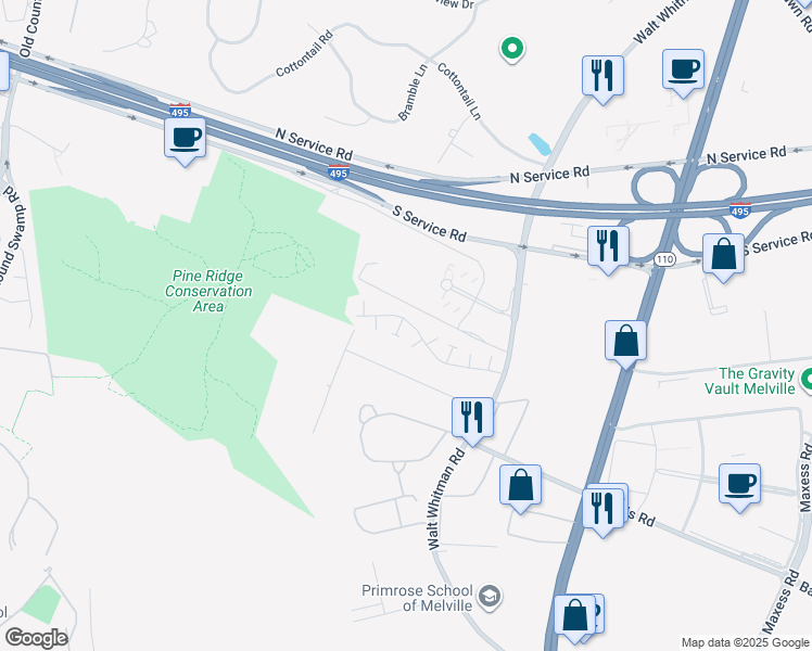 map of restaurants, bars, coffee shops, grocery stores, and more near 204 Peconic Court in Melville