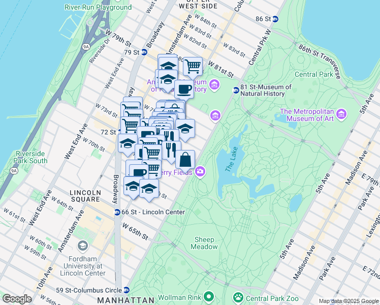 map of restaurants, bars, coffee shops, grocery stores, and more near 11 West 73rd Street in New York