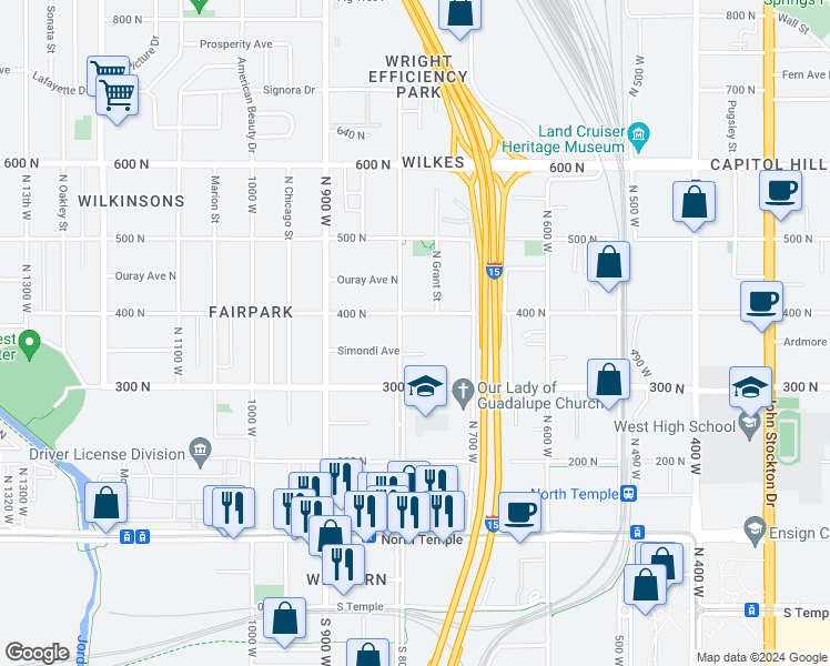 map of restaurants, bars, coffee shops, grocery stores, and more near 356 North 8th West in Salt Lake City