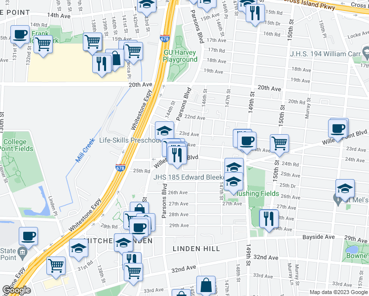 map of restaurants, bars, coffee shops, grocery stores, and more near 145-26 24th Avenue in Queens