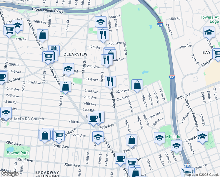 map of restaurants, bars, coffee shops, grocery stores, and more near 169-24 21st Road in Queens