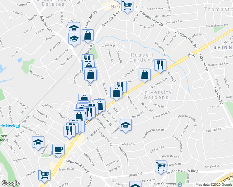 map of restaurants, bars, coffee shops, grocery stores, and more near 6 Tain Drive in Great Neck