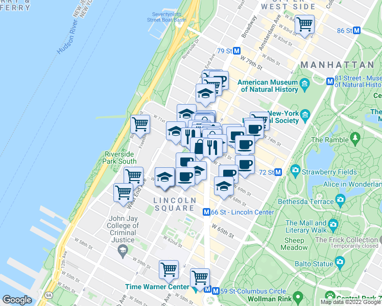 map of restaurants, bars, coffee shops, grocery stores, and more near in New York