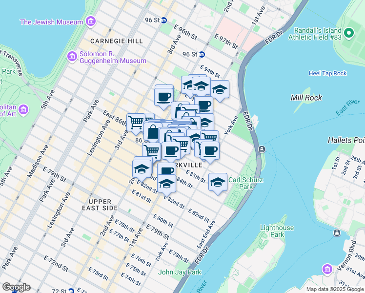 map of restaurants, bars, coffee shops, grocery stores, and more near 1663 1st Avenue in New York