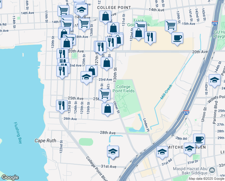 map of restaurants, bars, coffee shops, grocery stores, and more near 23-38 130th Street in Queens